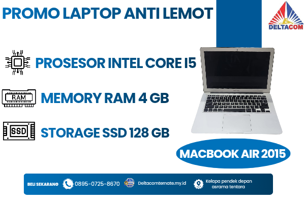 MACBOOK AIR 2015 , TYPE BARU BODY SLIM, PROSESOR INTEL CORE I5 MEMORY RAM 4 GB STORAGE SSD 128 GB DISPLAY 14 INCH MULUS, WARNAH SILVER, LECET SDIKIT